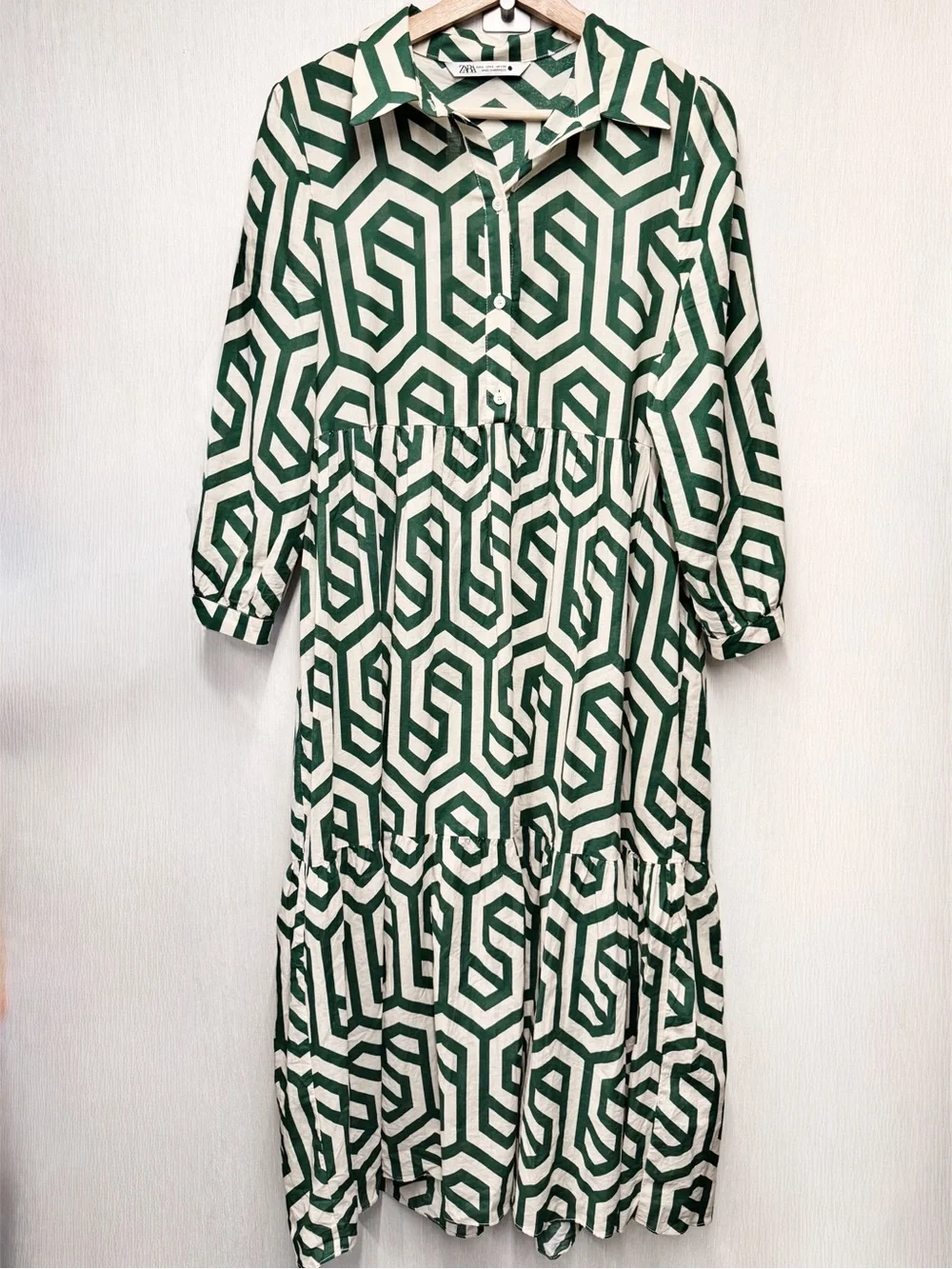Zara The Karen Green Ivory Geometric Print Tiered Midi Dress, Size Large